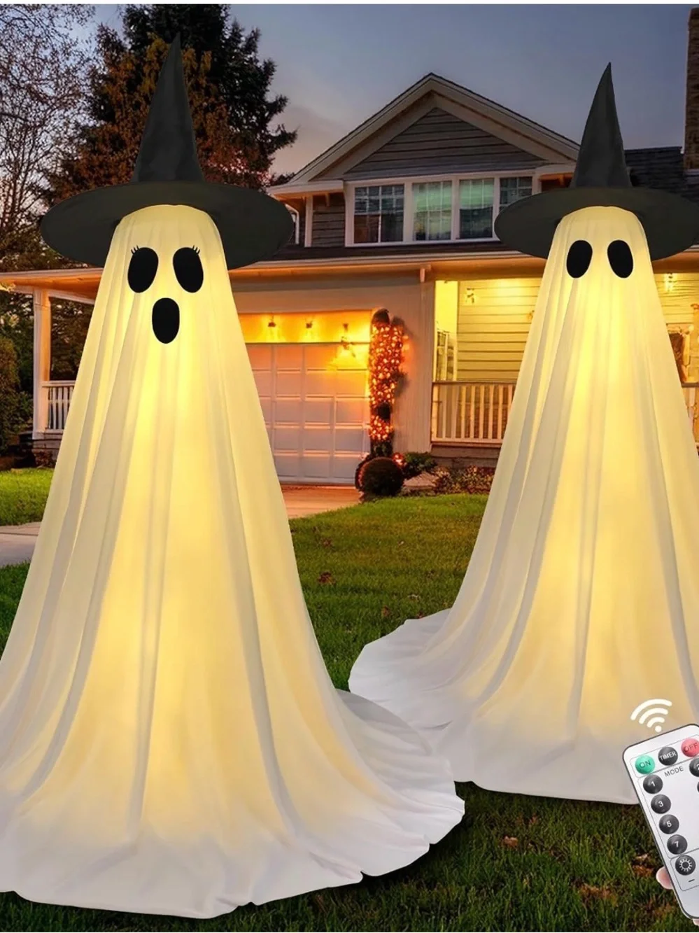 LED Light-Up 2 pack Ghost Decorations with Witch Hats - White